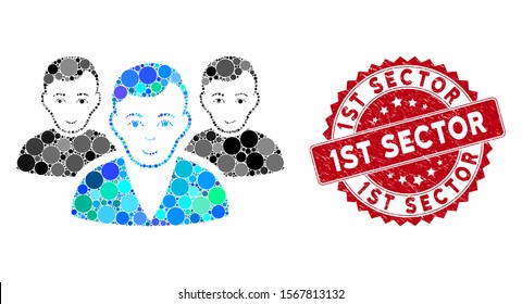 Mosaic user group and rubber stamp seal with 1St Sector phrase. Mosaic vector is designed with user group icon and with randomized spheric items. 1St Sector seal uses red color, and rubber design.