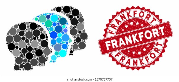 Mosaic user group and rubber stamp seal with Frankfort phrase. Mosaic vector is designed with user group icon and with randomized round elements. Frankfort stamp seal uses red color,