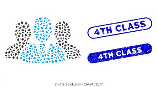 Mosaic user group and rubber stamp seals with 4Th Class phrase. Mosaic vector user group is designed with random ellipse dots. 4Th Class stamp seals use blue color, and have round rectangle shape.
