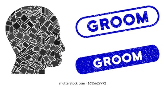 Mosaic user head and rubber stamp watermarks with Groom caption. Mosaic vector user head is composed with scattered rectangle items. 