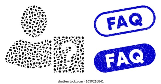 Mosaic user helpbook and grunge stamp seals with FAQ caption. Mosaic vector user helpbook is composed with scattered ellipse dots. FAQ stamp seals use blue color, and have round rectangle shape.