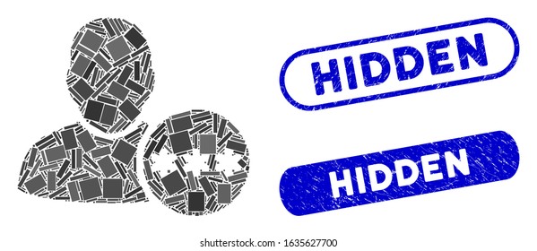 Mosaic user hidden password and distressed stamp seals with Hidden phrase. Mosaic vector user hidden password is composed with scattered rectangle items. Hidden stamp seals use blue color,