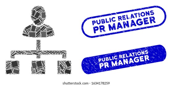 Mosaic user hierarchy and grunge stamp seals with Public Relations Pr Manager caption. Mosaic vector user hierarchy is formed with randomized rectangles.
