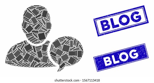 Mosaic user hint balloon icon and rectangle seal stamps. Flat vector user hint balloon mosaic pictogram of randomized rotated rectangle items. Blue caption seal stamps with rubber texture.