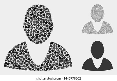 Mosaic User icon composed of spheric and square items in random sizes, positions and proportions. Vector round and square parts are composed into abstract collage user icons.