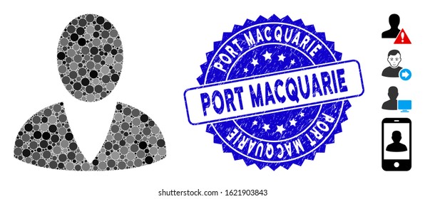 Mosaic user icon and distressed stamp watermark with Port Macquarie text. Mosaic vector is created with user icon and with randomized circle spots. Port Macquarie stamp seal uses blue color,