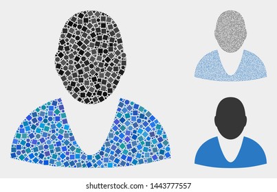 Mosaic User icon organized from round and square items in variable sizes, positions and proportions. Vector round and square parts are composed into abstract mosaic user icons.
