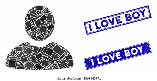 Mosaic user icon and rectangle seal stamps. Flat vector user mosaic pictogram of randomized rotated rectangle items. Blue caption seal stamps with distress textures.