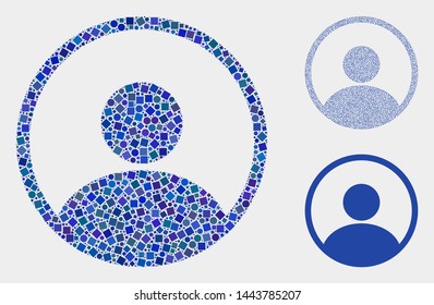 Mosaic User icon united from circle and square items in different sizes, positions and proportions. Vector circle and square items are composed into abstract mosaic user icons.