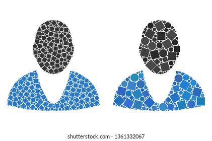Mosaic User icons designed from round and square items in different sizes, positions and proportions. Vector round and square elements are grouped into abstract mosaic user icons.