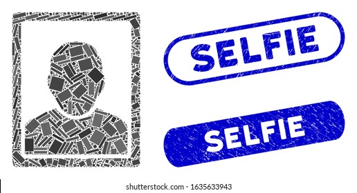 Mosaic user image   distressed stamp seals and Selfie text  Mosaic vector user image is formed and random rectangles  Selfie stamp seals use blue color    have round rectangle shape 