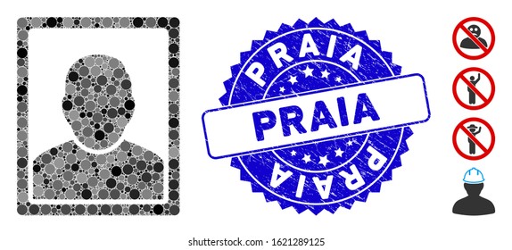 Mosaic user image icon and rubber stamp watermark with Praia phrase. Mosaic vector is formed with user image icon and with randomized round elements. Praia stamp seal uses blue color,