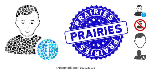 Mosaic user info icon and rubber stamp seal with Prairies caption. Mosaic vector is designed with user info pictogram and with scattered spheric items. Prairies stamp seal uses blue color,