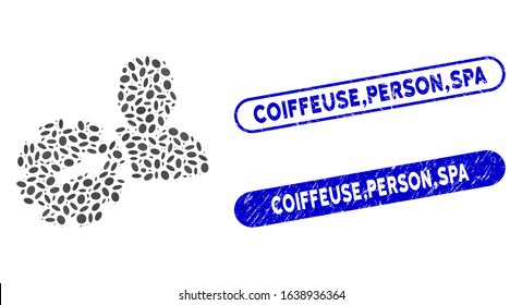 Mosaic user integration API gear and distressed stamp seals with Coiffeuse,Person,Spa caption. Mosaic vector user integration API gear is designed with randomized elliptic dots. Coiffeuse,Person,