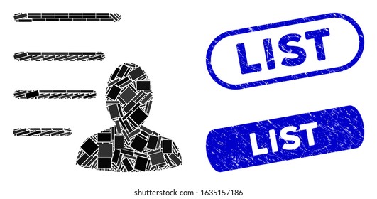 Mosaic user list and rubber stamp seals with List caption. Mosaic vector user list is created with scattered rectangle items. List stamp seals use blue color, and have round rectangle shape.