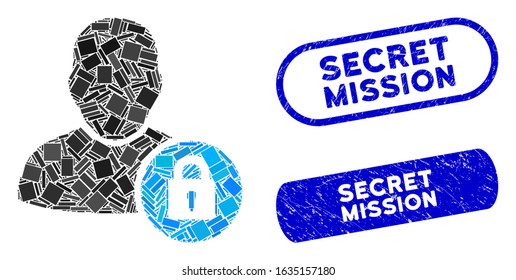 Mosaic user lock and distressed stamp seals with Secret Mission text. Mosaic vector user lock is composed with scattered rectangle items. Secret Mission stamp seals use blue color,