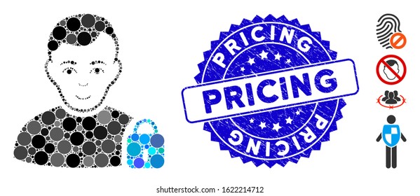 Mosaic user locked icon and grunge stamp seal with Pricing text. Mosaic vector is composed from user locked icon and with random circle spots. Pricing stamp seal uses blue color,
