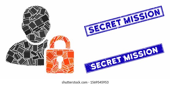 Mosaic user locked pictogram and rectangle seal stamps. Flat vector user locked mosaic icon of randomized rotated rectangle items. Blue caption stamps with grunge texture.