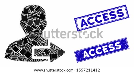 Mosaic user logout arrow icon and rectangle seal stamps. Flat vector user logout arrow mosaic pictogram of random rotated rectangle elements. Blue caption seal stamps with scratched textures.