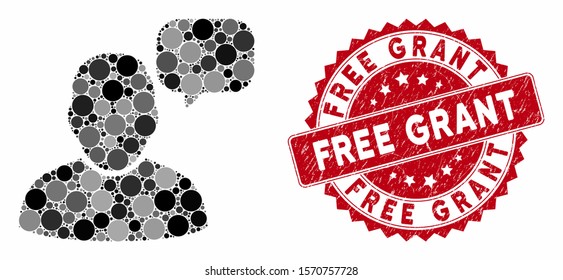 Mosaic user message cloud and rubber stamp seal with Free Grant caption. Mosaic vector is composed from user message cloud icon and with randomized round spots. Free Grant stamp seal uses red color,