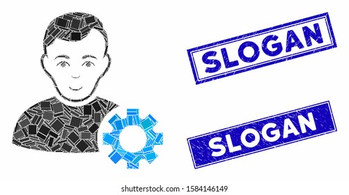 Mosaic user options gear icon and rectangle Slogan stamps. Flat vector user options gear mosaic icon of random rotated rectangle elements. Blue Slogan watermarks with distress textures.