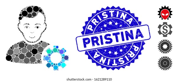 Mosaic user options gear icon and rubber stamp seal with Pristina caption. Mosaic vector is created with user options gear icon and with scattered round elements. Pristina stamp uses blue color,