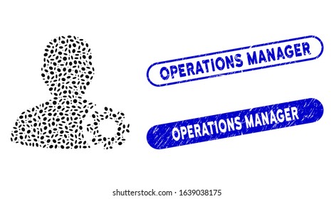 Mosaic user options and rubber stamp seals with Operations Manager text. Mosaic vector user options is formed with randomized oval parts. Operations Manager stamp seals use blue color,