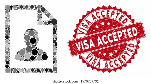 Mosaic user page and distressed stamp watermark with Visa Accepted phrase. Mosaic vector is created with user page icon and with random circle items. Visa Accepted stamp uses red color,
