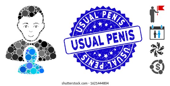 Mosaic user partner icon and grunge stamp seal with Usual Penis caption. Mosaic vector is formed with user partner icon and with randomized round elements. Usual Penis seal uses blue color,