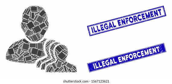 Mosaic user pawns pictogram and rectangular seal stamps. Flat vector user pawns mosaic pictogram of random rotated rectangular elements. Blue caption stamp imprints with rubber texture.