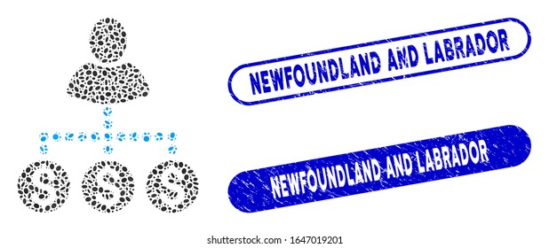 Mosaic user payments and corroded stamp seals with Newfoundland and Labrador text. Mosaic vector user payments is formed with randomized ellipse parts.