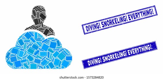 Mosaic user pictogram and rectangular Diving! Snorkeling! Everything! stamps. Flat vector user mosaic pictogram of scattered rotated rectangular items.