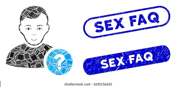 Mosaic user question and distressed stamp seals with Sex FAQ caption. Mosaic vector user question is formed with randomized rectangle items. Sex FAQ seals use blue color,
