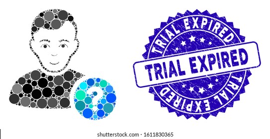 Mosaic user question icon and distressed stamp seal with Trial Expired text. Mosaic vector is formed from user question icon and with randomized circle elements. Trial Expired stamp uses blue color,