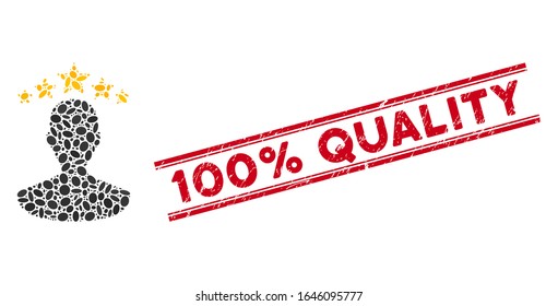 Mosaic user rating icon and corroded stamp watermark with red 100 Percent Quality caption between double parallel lines. Mosaic vector is formed with user rating icon and with randomized ellipse spots