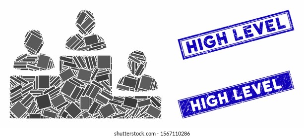 Mosaic user rating levels icon and rectangle seals. Flat vector user rating levels mosaic icon of random rotated rectangle elements. Blue caption seals with grunged texture.