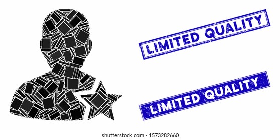 Mosaic user rating star icon and rectangular Limited Quality watermarks. Flat vector user rating star mosaic icon of randomized rotated rectangular items.
