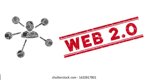 Mosaic user relations pictogram and red Web 2.0 rubber print between double parallel lines. Flat vector user relations mosaic pictogram of randomized rotated rectangle items. Red Web 2.