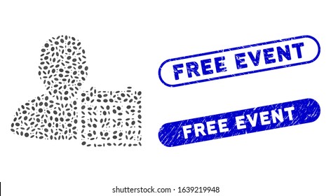 Mosaic user schedule calendar and grunge stamp seals with Free Event caption. Mosaic vector user schedule calendar is created with randomized elliptic elements. Free Event stamp seals use blue color,