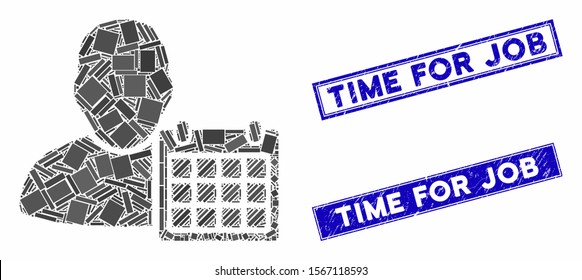 Mosaic user schedule calendar icon and rectangle seal stamps. Flat vector user schedule calendar mosaic icon of scattered rotated rectangle elements. Blue caption seal stamps with corroded texture.