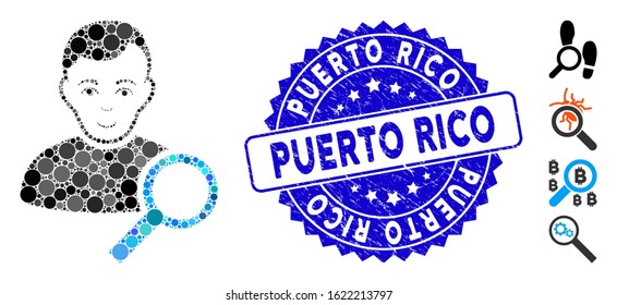 Mosaic user search icon and rubber stamp seal with Puerto Rico phrase. Mosaic vector is composed with user search icon and with randomized round items. Puerto Rico stamp seal uses blue color,