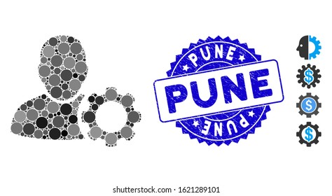 Mosaic user settings gear icon and distressed stamp seal with Pune phrase. Mosaic vector is created with user settings gear icon and with random circle items. Pune stamp seal uses blue color,