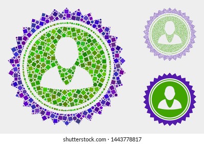 Mosaic User stamp seal icon united from circle and square elements in different sizes, positions and proportions.
