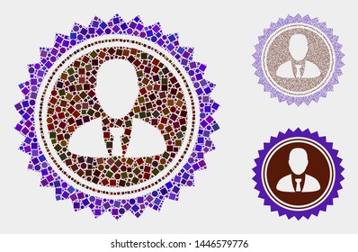Mosaic User stamp seal icon united from circle and square items in various sizes, positions and proportions.