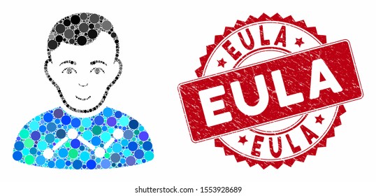 Mosaic user stats and grunge stamp seal with Eula text. Mosaic vector is composed with user stats icon and with randomized spheric elements. Eula stamp seal uses red color, and grunged surface.