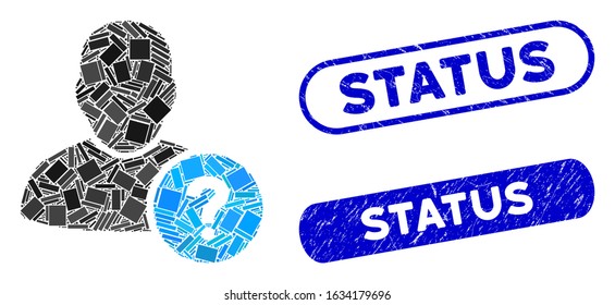 Mosaic user status and grunge stamp seals with Status phrase. Mosaic vector user status is composed with randomized rectangles. Status stamp seals use blue color, and have round rectangle shape.