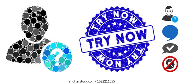 Mosaic user status icon and grunge stamp seal with Try Now phrase. Mosaic vector is formed with user status icon and with randomized round elements. Try Now stamp uses blue color, and rubber design.