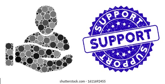 Mosaic user support hand icon and distressed stamp seal with Support caption. Mosaic vector is designed with user support hand icon and with random circle spots. Support seal uses blue color,