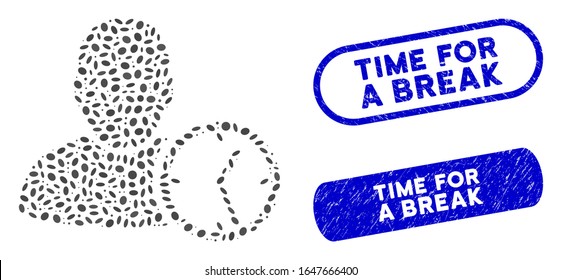 Mosaic user temporary clock and rubber stamp seals with Time for a Break text. Mosaic vector user temporary clock is designed with scattered elliptic dots. Time for a Break stamp seals use blue color,