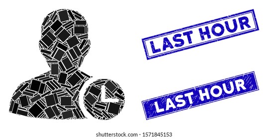 Mosaic user time icon and rectangle Last Hour seal stamps. Flat vector user time mosaic icon of randomized rotated rectangle elements. Blue Last Hour stamp imprints with corroded textures.